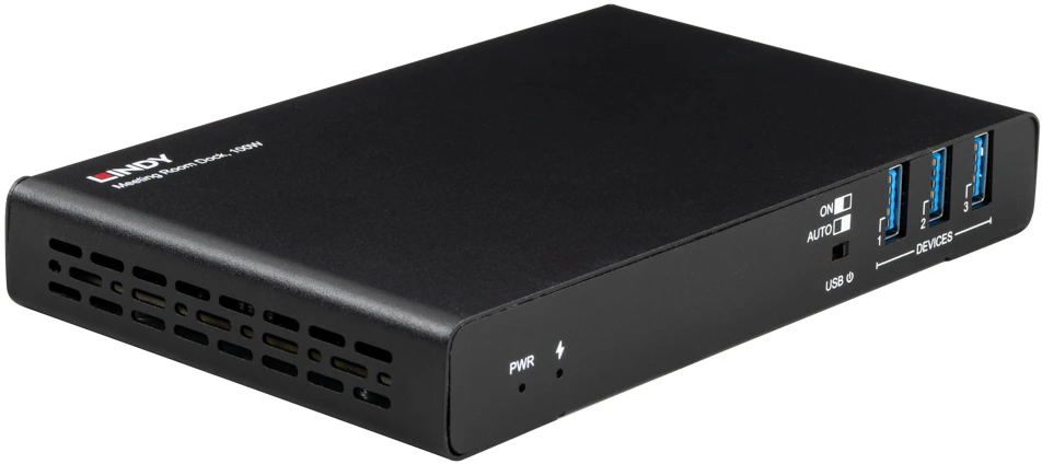USB-C jungčių stotelė - Lindy 43425 susitikimų kambario stotelė, 2× 4K HDMI, 100 W PD, juoda