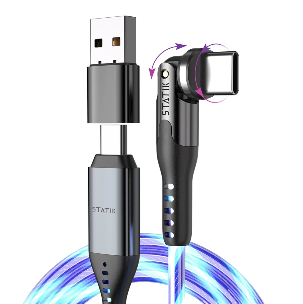 STATIK PowerPivot Pro, šviečiantis LED laidas, USB-C į USB-C, 1m, Juodas