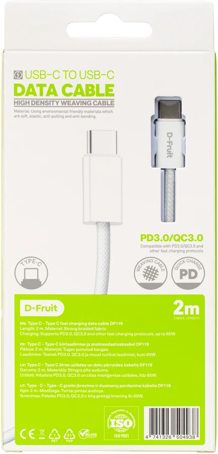 USB-C Laidas - D-Fruit DF119 USB-C–USB-C 2 m Baltas