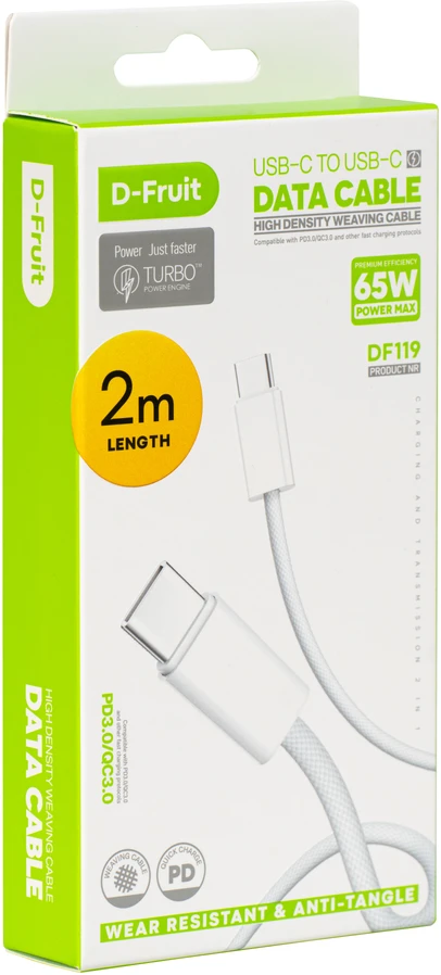 USB-C Laidas - D-Fruit DF119 USB-C–USB-C 2 m Baltas