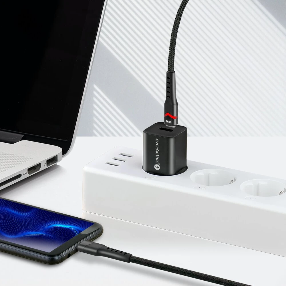 USB-C Laidas - everActive CBB-2PDR USB-C Kabelis, 60 W, 480 Mbps, 2 m, Juodas