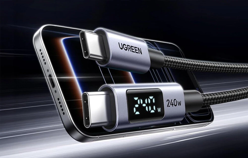 USB-C į USB-C laidas Ugreen L530, PD 240W, 480Mbps, su ekranėliu, 2 m (juoda)