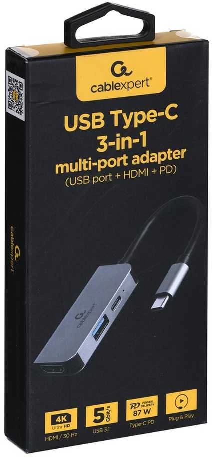 GEMBIRD A-CM-COMBO3-02 Multi Port Adapteris USB type C 3in1 USB port + HDMI + PD sidabrinis