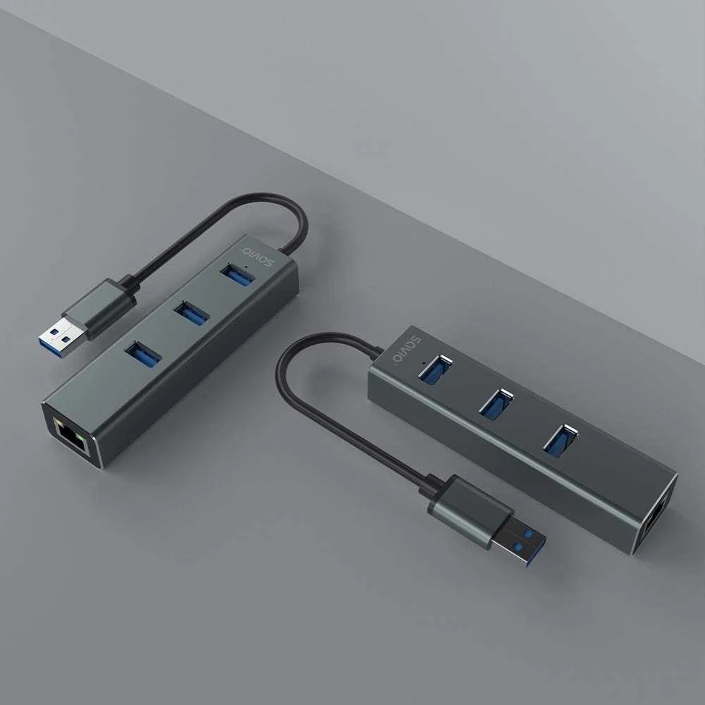 USB Hub - Savio AK-57 3x USB-A Huba su RJ-45 Gigabit Ethernet 5000 Mbit/s Pilkas