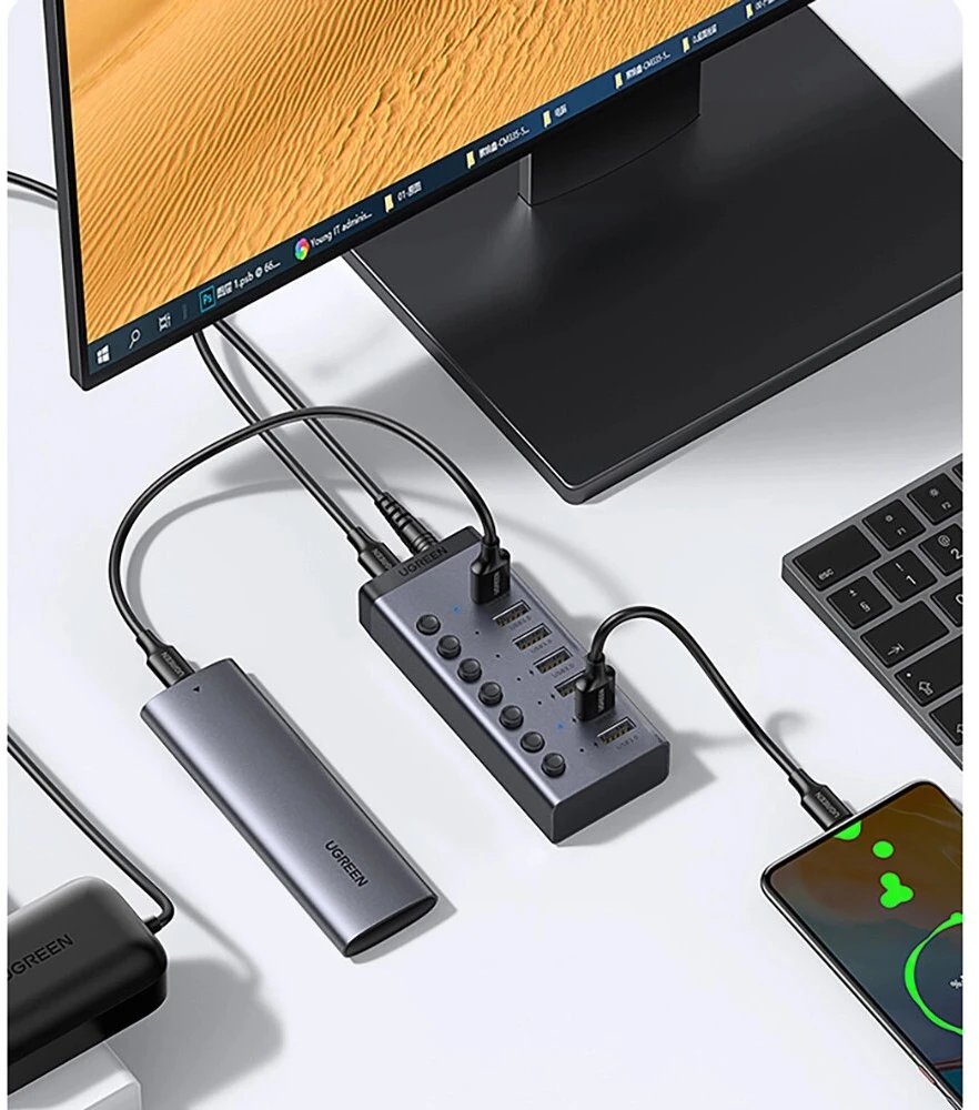 USB Hub - UGREEN CM481 7-Port USB 3.0 Hublas, 5Gbps Duomenų Perdavimo, Greitas Įkrovimas