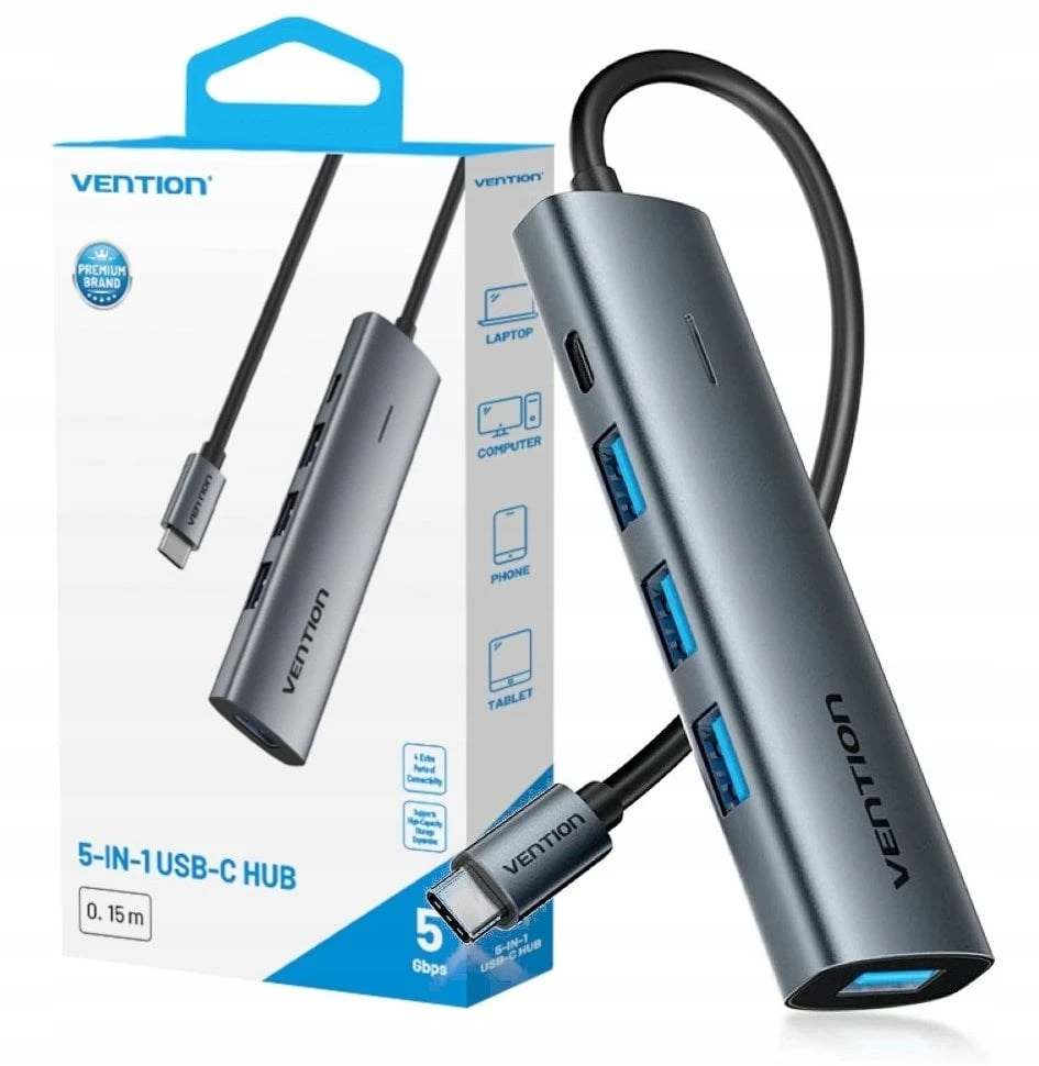 Vention 5v1 USB-C 3.0 šakotuvas, 0,15 m ilgio, ventiliuojamas