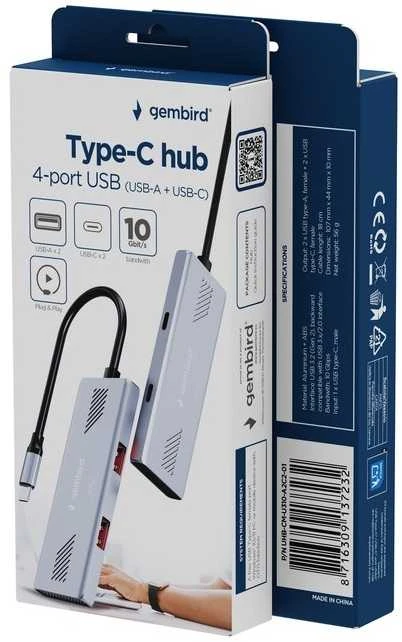 „Gembird UHB-CM-U310-A2C2-01“, 4 prievadų A + C USB 3.2 (2 kartos) C tipo šakotuvas