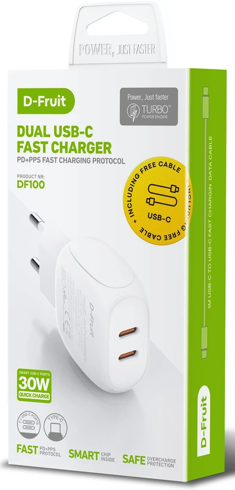 USB Įkroviklis - D-Fruit DF100 30 W Dvigubas USB-C Įkroviklis Su USB-C Laidu