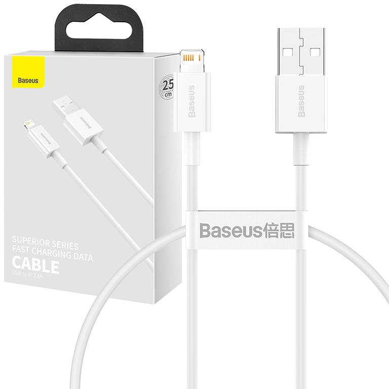 USB kabelis Baseus Superior iš USB į Lightning 2.4A 0.25m baltas CALYS-02