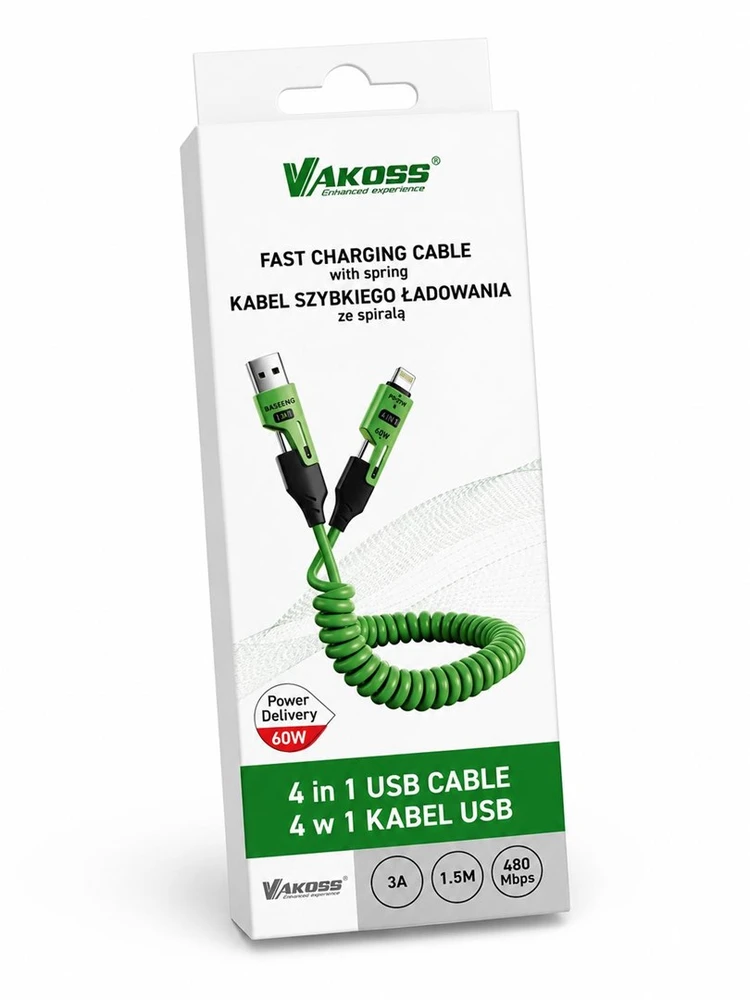 Vakoss MLU680G 4-in-1 Cable 1.5m 60W 3A QC/PD Žalias