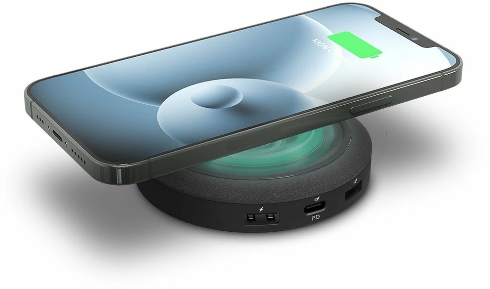 Mophie universalus belaidžio įkrovimo centras USB A 12 W, USB A 18 W, USB C 20 W (juoda)