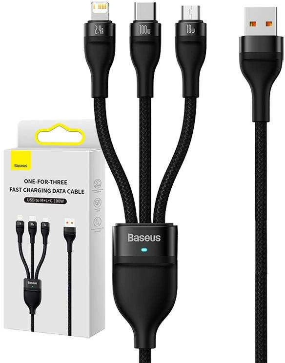 Baseus Flash Series 3in1 USB laidas USB-C + micro USB + Lightning 100W 1.2m – Juodas