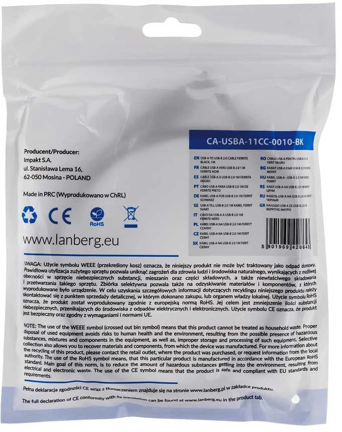 LANBERG USB-A M USB-B M 2.0 laidas 1.0m juodas feritas