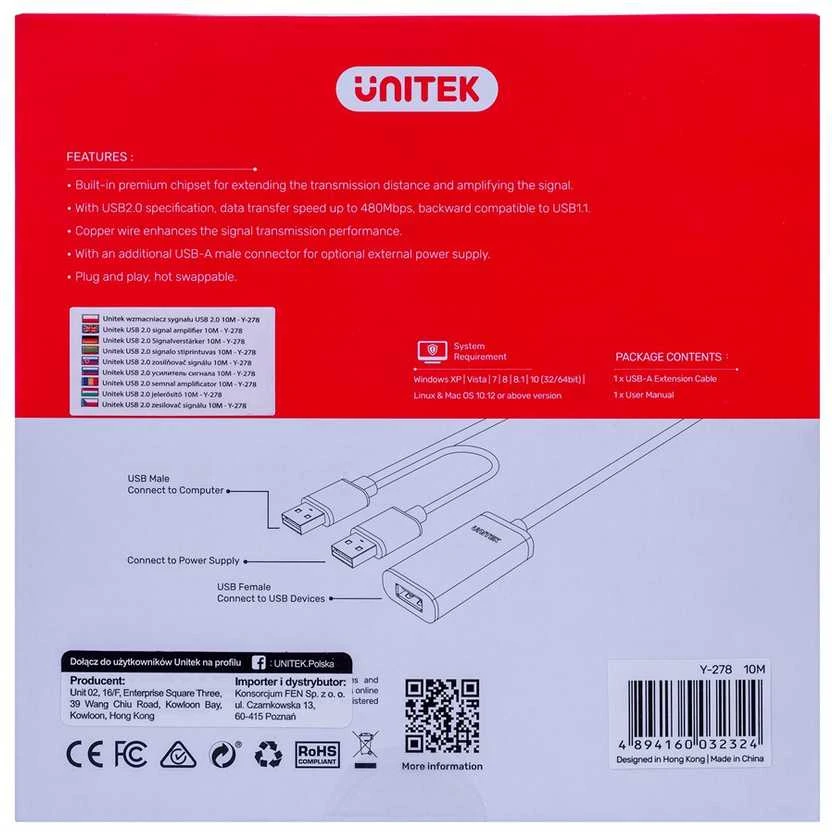 UNITEK Y-278 Unitek Cable USB 2.0 Active Extension, 10m, Y-278