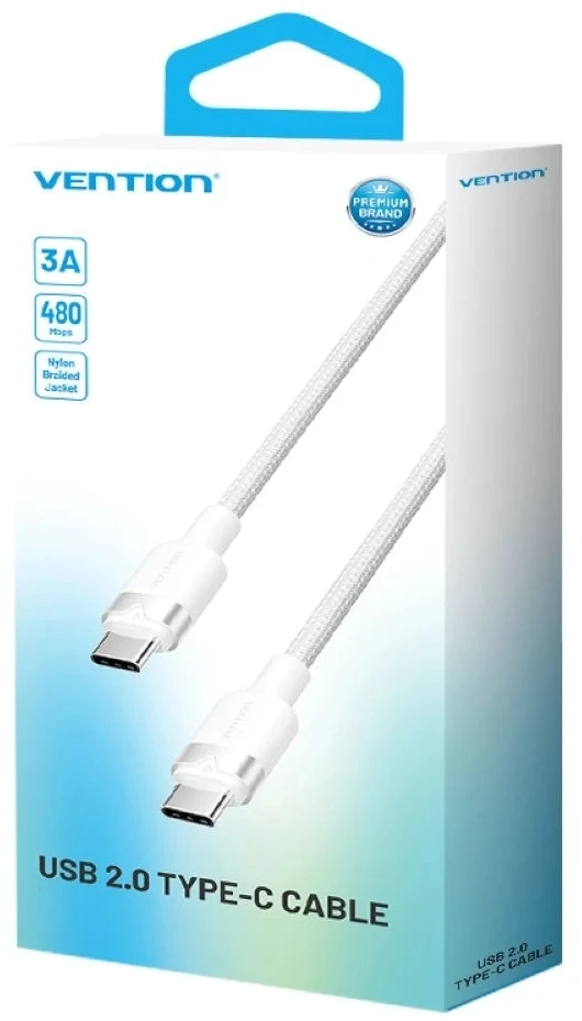 „Vention“ USB-C–C laidas, pintas, 3A, 480 Mbps, 60 W, 2 m, baltos spalvos