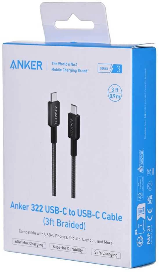 USB Laidas - Anker 322 USB C 0,9 m 60 W Juodas