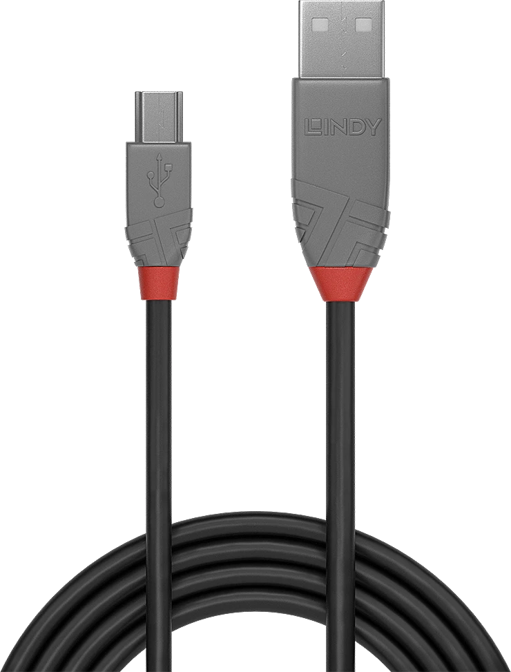 USB Kabelis - LINDY Anthra Line USB 2.0 Type A į Mini-B Laidas M/M, 5 m, Juodas