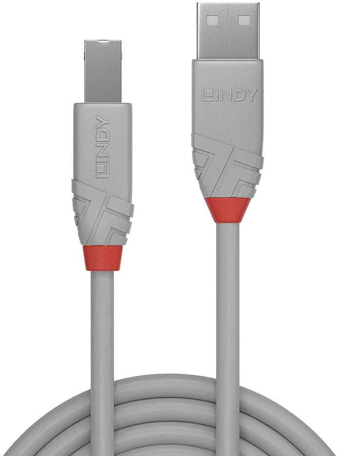 USB Kabelis - LINDY Anthra Line USB 2.0 Type A į B Laidas M/M, 5 m, Pilkas