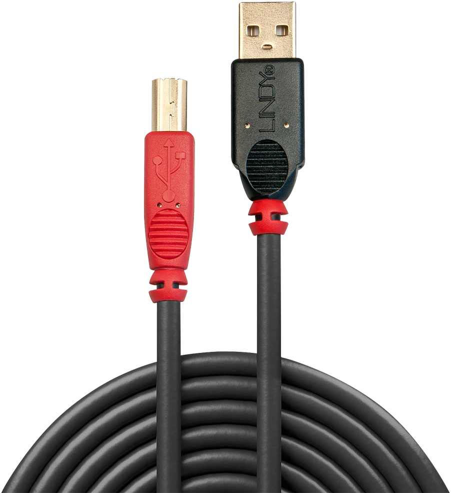 USB Kabelis - LINDY USB 2.0 A/B Aktyvus Laidas, Pratęsimas Tiesioginiam Prietaiso Prijungimui, 15 m, Juodas