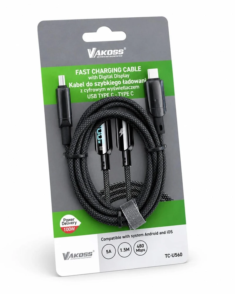 Vakoss TC-U560 USB-C į USB-C laidas su skaitmeniniu ekranu, 100 W, 1,5 m, juodas
