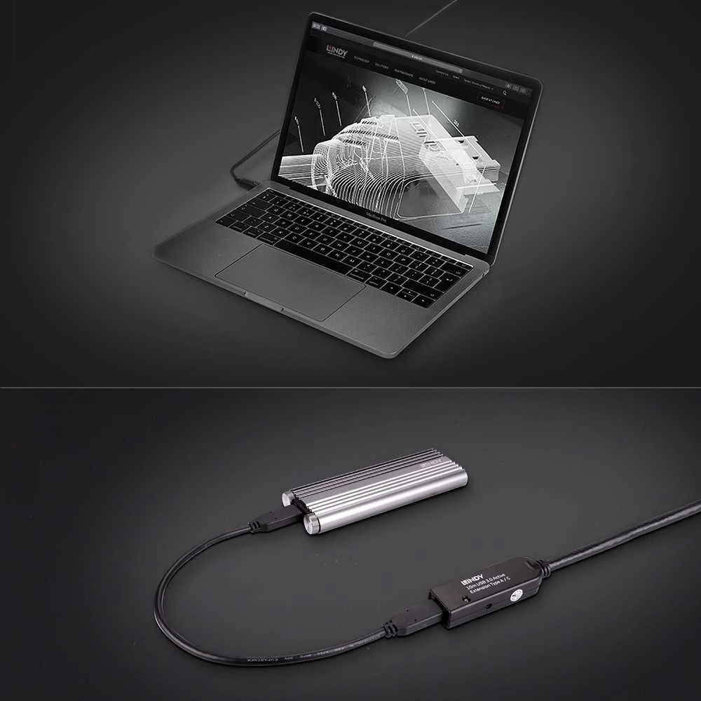 USB Prailginimo Laidas - LINDY USB 3.0 Aktyvus Prailginimo Laidas Type A į C, 10 m, Juodas