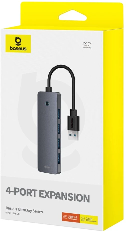 4in1 šakotuvas „Baseus UltraJoy Lite“, 15 cm, USB-A į 4x USB 3.0 + USB-C 5V (rutulinis)
