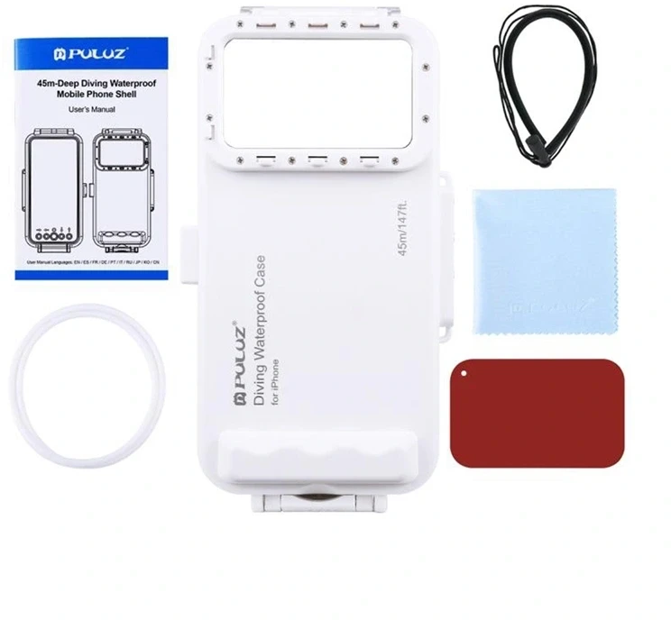 Puluz vandeniui atsparus dėklas (45 m) USB-C išmaniesiems telefonams, skirtas povandeninėms nuotraukoms ir vaizdo įrašams (baltas)