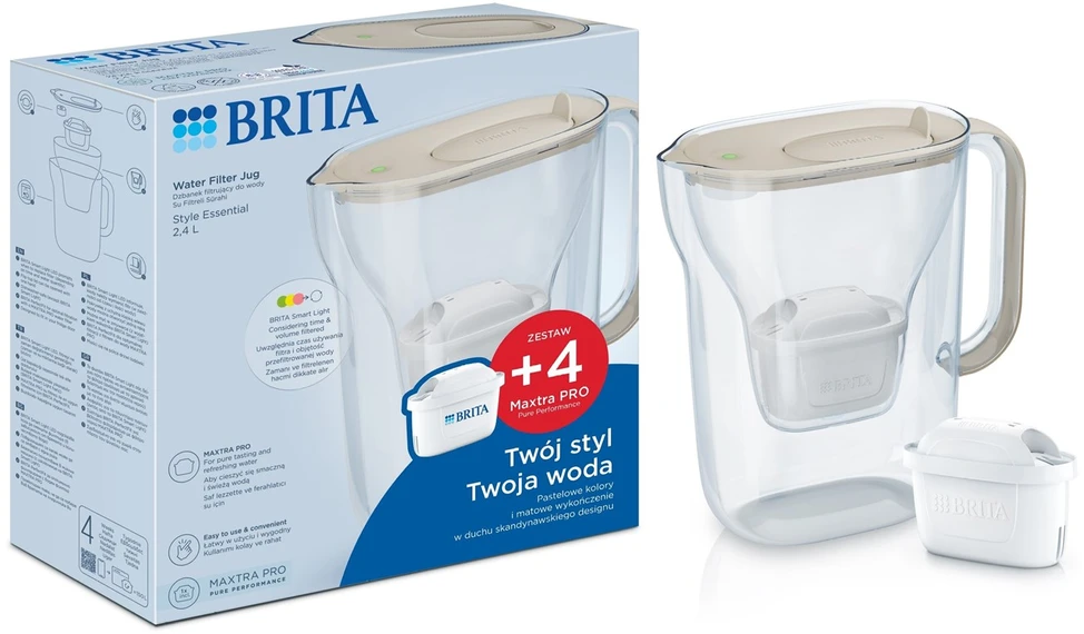 „Brita Style Essential“ filtro ąsotis + 4 „Maxtra Pro Pure Performance“ filtro kasetės (smėlio spalvos)