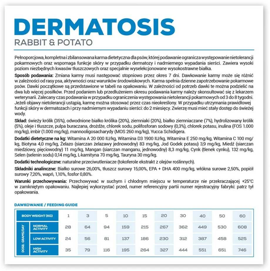 VET EXPERT Veterinary Diet Dermatosis Dog triušiena ir bulvės - dry dog food - 12 kg