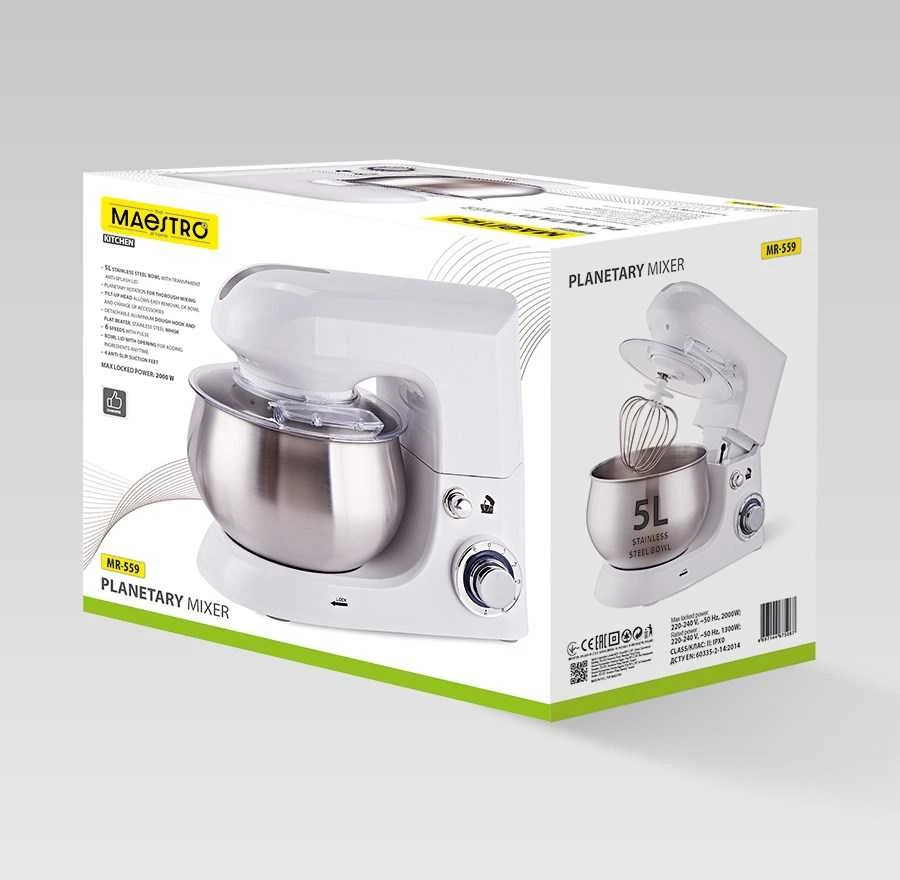 Planetarinis maišytuvas MAESTRO MR-559 su dubeniu 5,0 l, 2000 W Baltas