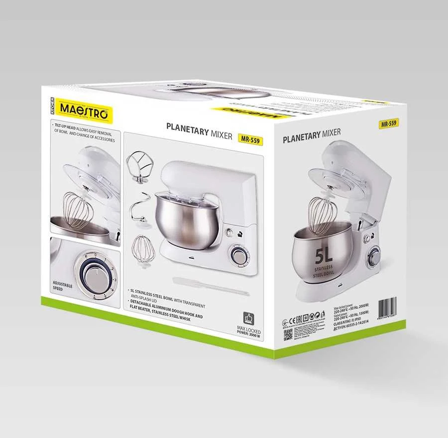 Planetarinis maišytuvas MAESTRO MR-559 su dubeniu 5,0 l, 2000 W Baltas
