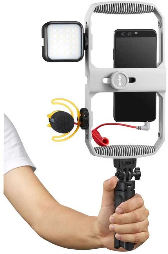 Vlogging rinkinys - Godox VK1 šautuvinis mikrofonas, RGB LED šviesa, mini trikojis