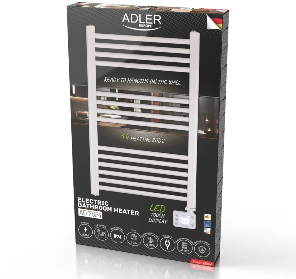 Elektrinis vonios kambario radiatorius Adler AD 7824, IP24, 600 W, Baltas