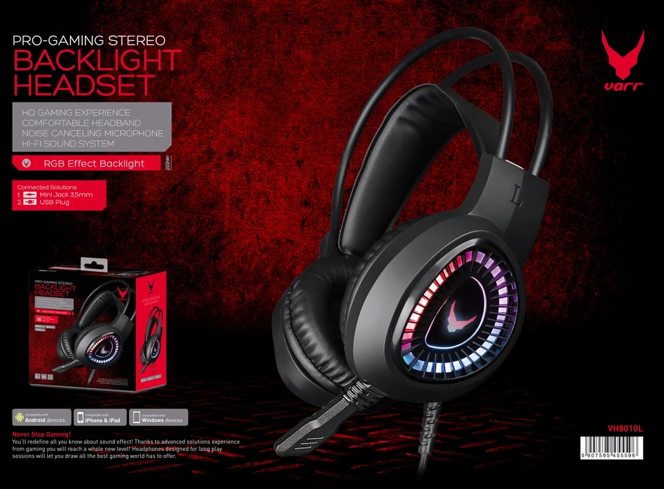 Žaidimų Ausinės - Omega Varr VH8010L 40 mm RGB USB 3,5 mm Juodos