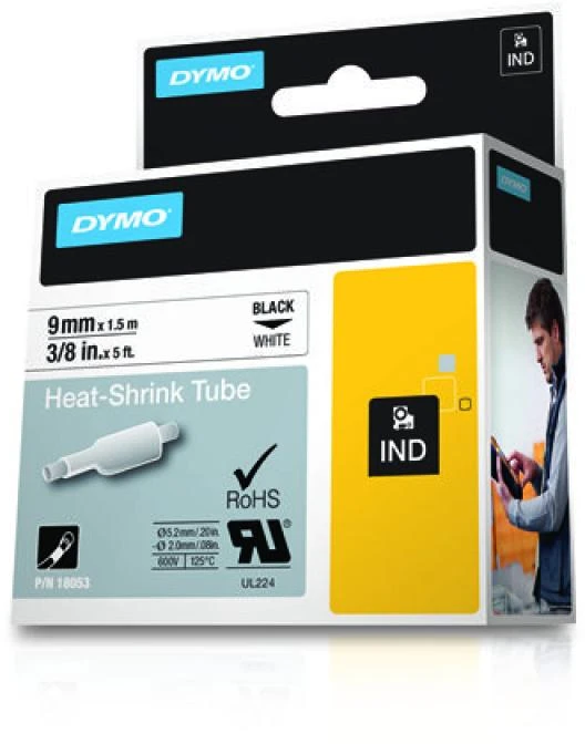 DYMO 18053 RHINO Termo vamzdelis 9mm x 1,5m (balta / juodas šifras)