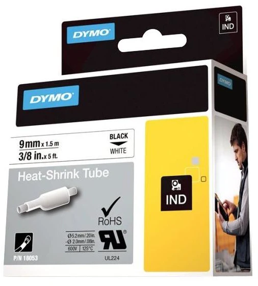 DYMO 18053 RHINO Termo vamzdelis 9mm x 1,5m (balta / juodas šifras)