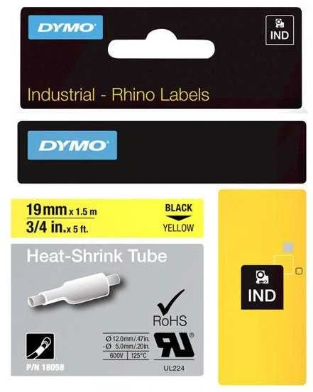 DYMO Rhino Professional, pastebimai susitraukiantis vamzdelis, 19x1,5 mm, juodas tekstas ant geltonos žarnos, 1,5 m, 18058