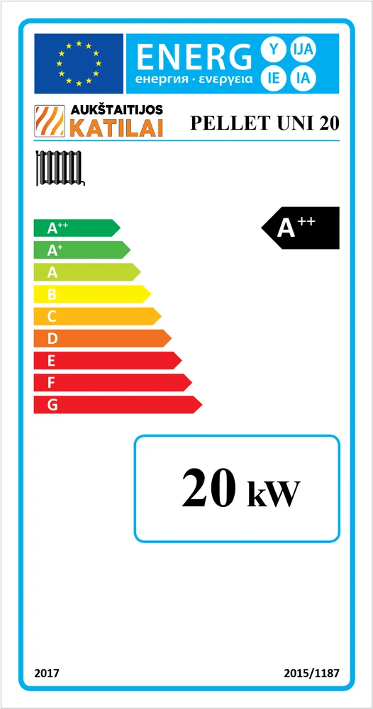 Aukstaitijos Katilai Granulinis katilas PELLET UNI 20 kW su rotac. 20 kW degikliu, sraigtu, 230 l met. bunkeriu