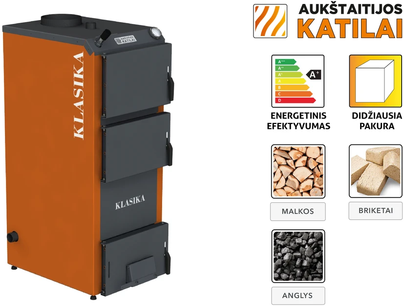 Aukstaitijos Katilai Kieto kuro katilas KLASIKA, viršutinio degimo, 10kW