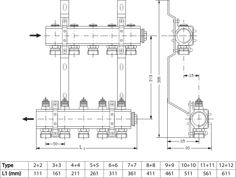 Danfoss Grindinis kolektorius FHF-6, be sr. mat., MANIFOLD 6+6