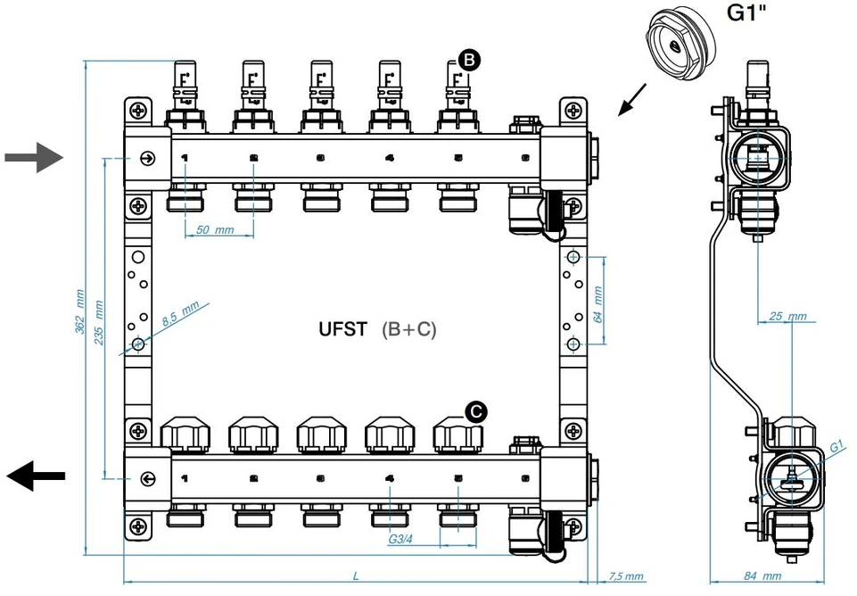 Grindinio šildymo kolekt. su debit., pav.vožtuvais, nuor. ir dren. vent. KAN-therm InoxFlow UFST-11; žiedų sk. 11; ilgis