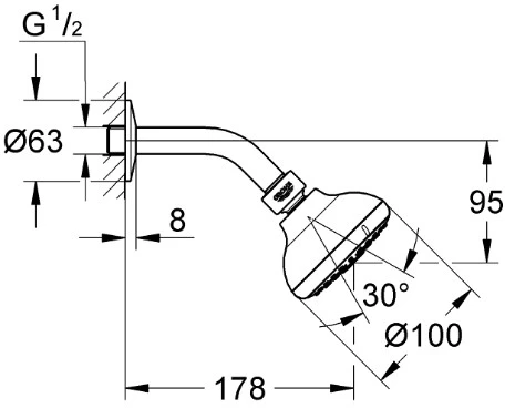 Grohe Tempesta 100 III dušo galva su laikikliu, iš sienos, chromas