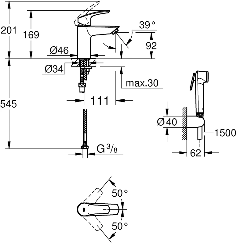 Grohe Maišytuvas praustuvui Eurosmart 3 su bide dušeliu, be d.v., chromas