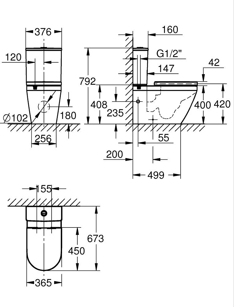 Grohe EuroCeramic Triple Vortex pastatomas WC su QR/SC sėdyne, 365x673 mm, universalus išleidimas