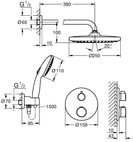 Grohe Potinkinė termostatinė dušo sistema Grohtherm Tempesta 250 dušo galva, be potinkinės d (35604000 užs.papildomai), chromo