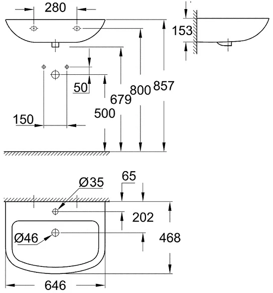 Grohe praustuvas BAU Ceramic 65cm su skyle maišytuvui, baltas