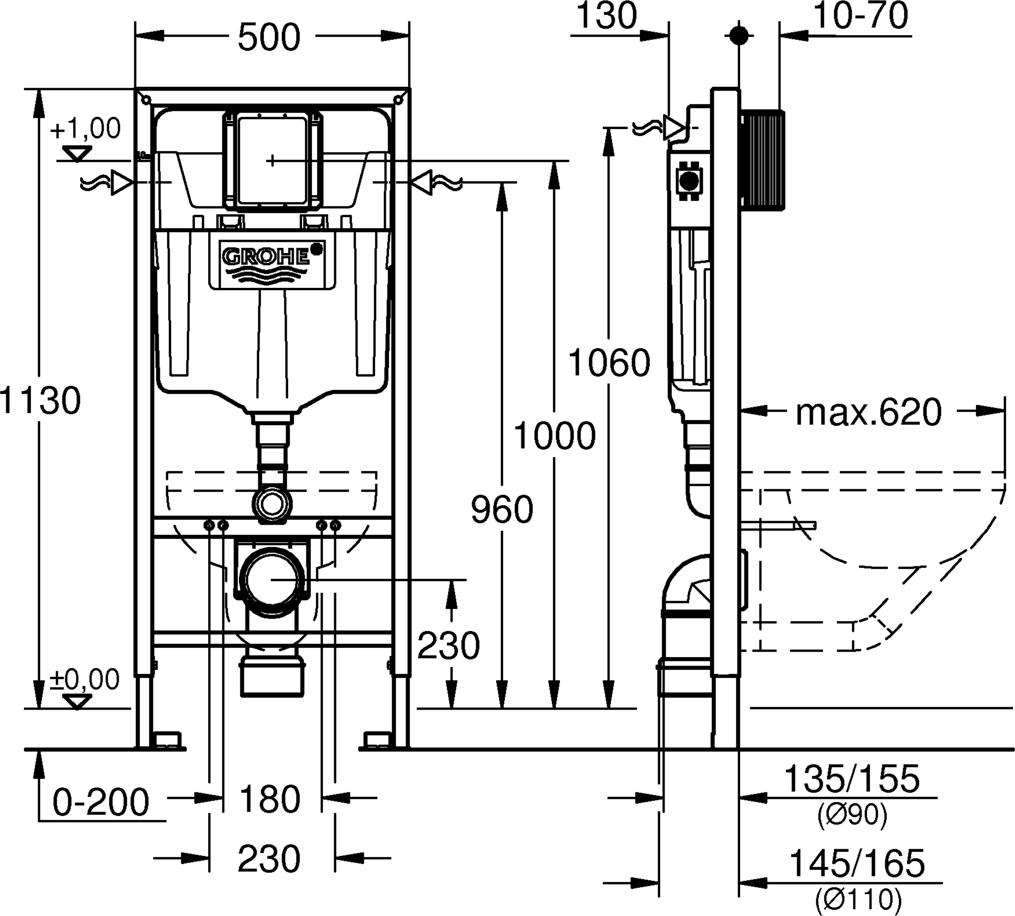 Grohe Rapid SL WC rėmas 3/6 ltr.; 1,13m (3 in 1) klavišas Skate AIR chromas, tvirtinimai