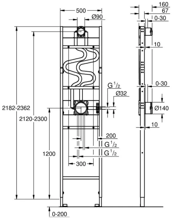 Grohe Rapido duo dušo rėmas, 500x160 mm, h=2182-2362 mm