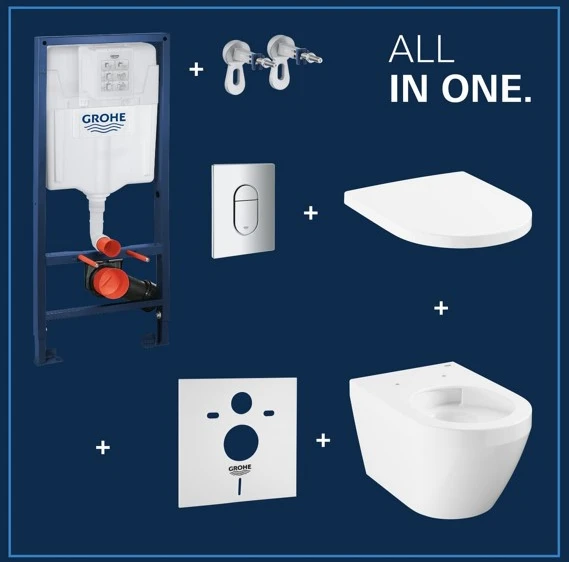 Grohe 5 in 1 komplektas – WC su sėdyne EuroCeramic, rėmas Rapid SL, chromuota nuleidimo plokštė Arena, lai