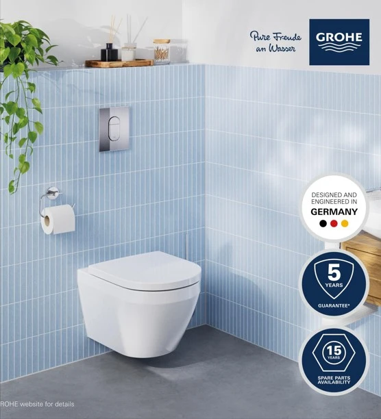 Grohe 5 in 1 komplektas – WC su sėdyne EuroCeramic, rėmas Rapid SL, chromuota nuleidimo plokštė Arena, lai